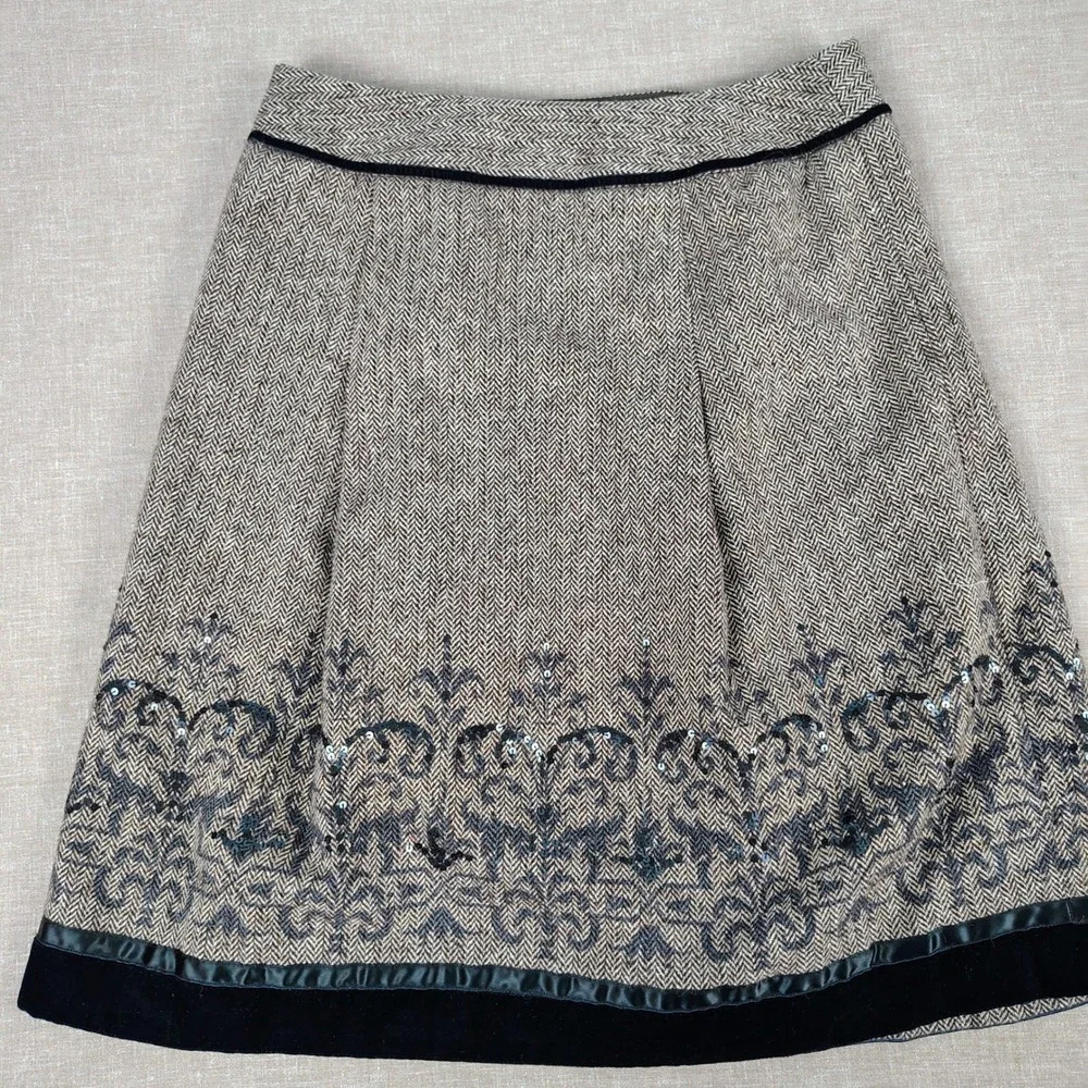LOFT Womens 4P Herringbone A-Line Skirt Brown Wool Blend Sequin Velvet Academia